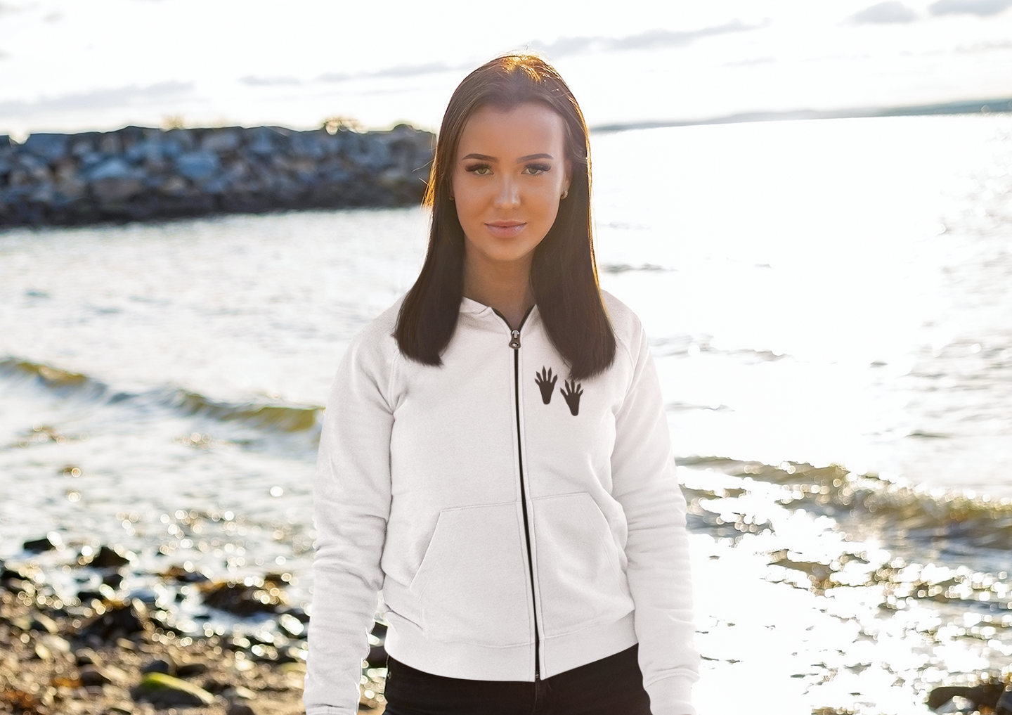 Beaverton Unisex White and Black Full Zip Hooded Sweatshirt